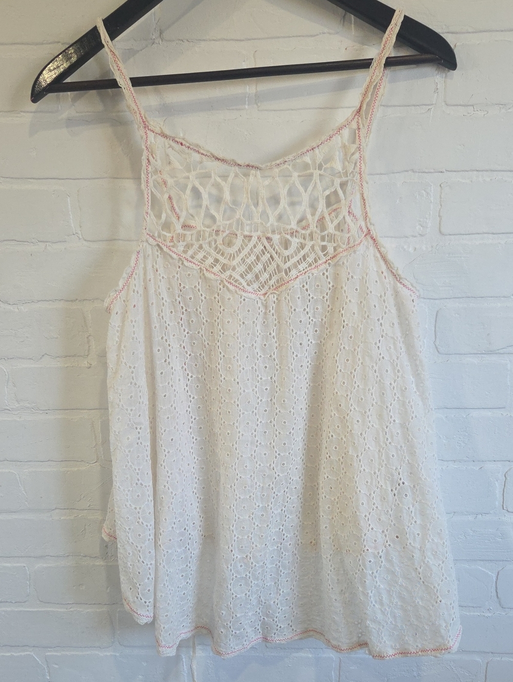 Free People Cream Eyelet Crochet Yoke Camisole with Pink Trim